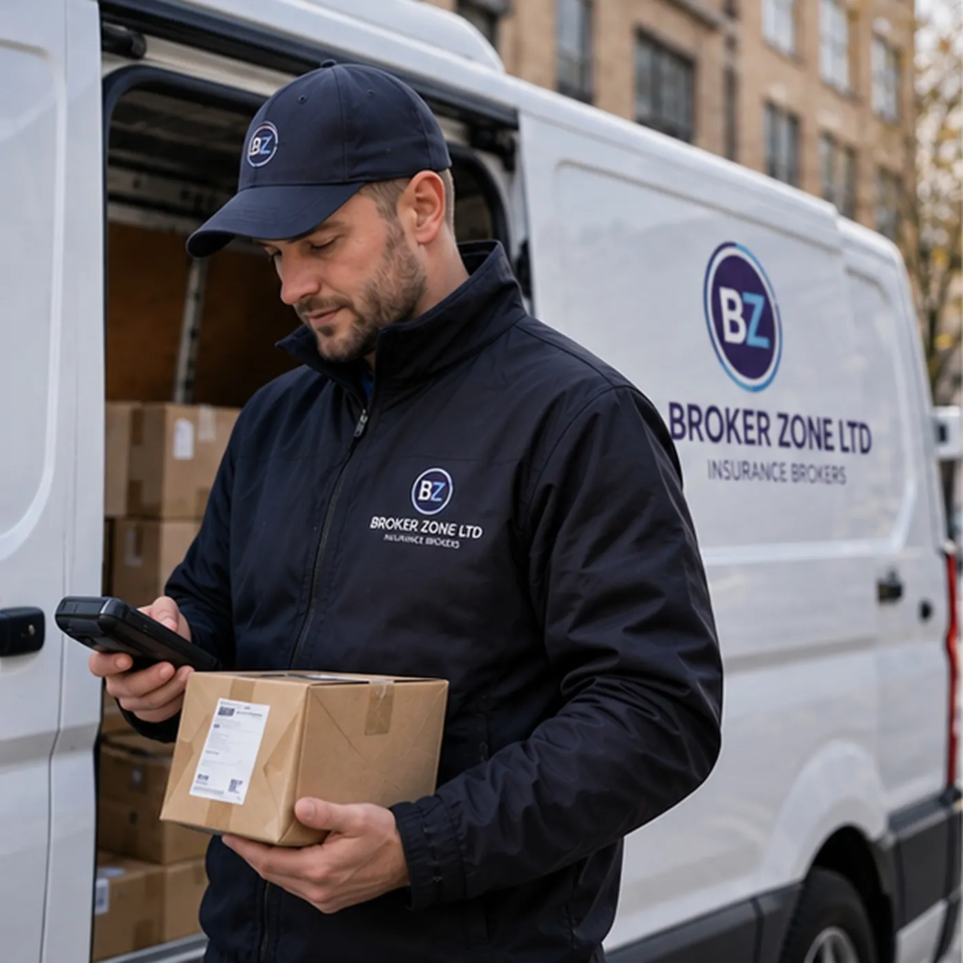 A courier beside a Broker Zone branded van